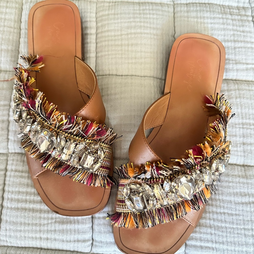 Embellished Tan Slide Sandals